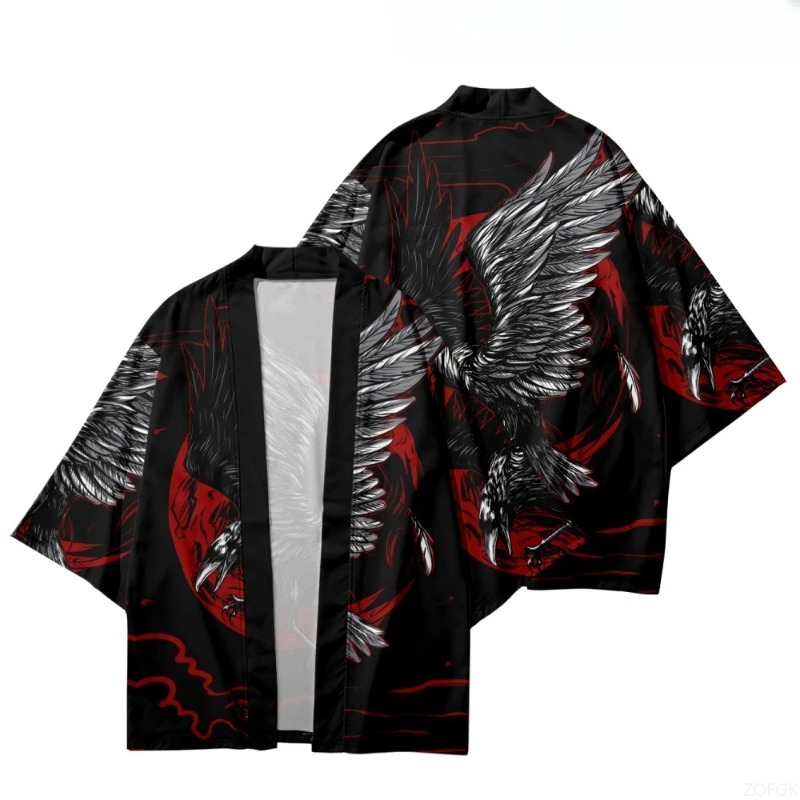 Street Fashion Harajuku - Kimono Depan Terbuka Gambar Gagak Mode