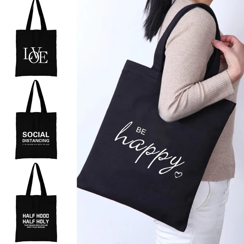 Tote Bag Canvas Print - Tas Bahu Kapasitas Besar Hitam Gambar
