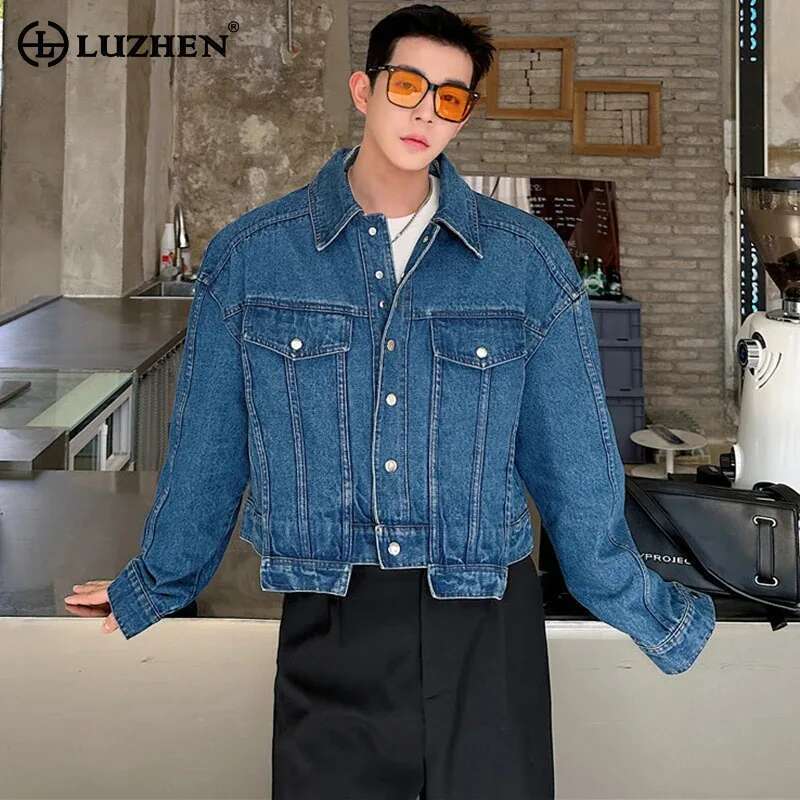 Street Fashion Jacket Men - LUZHEN Jaket Pendek Denim Kepribadian Pria