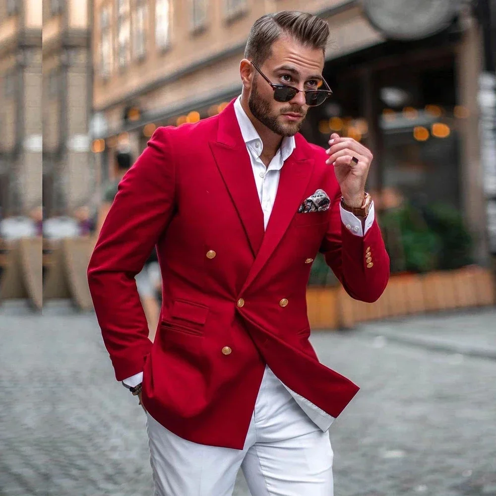 Street Fashion Jacket Men - Jas Merah Celana Putih Setelan Pria