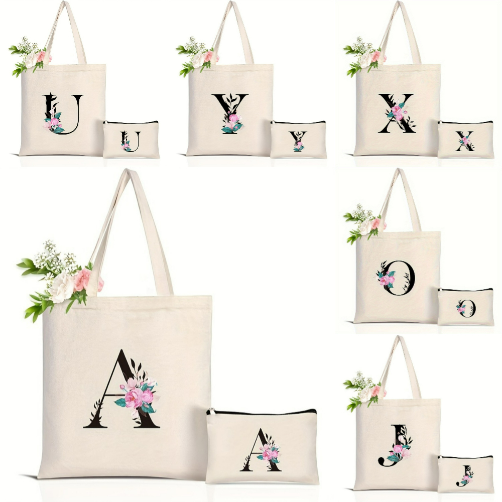 Tote Bag Canvas Print - Tas Tote Alfabet Bunga Elegan Tas