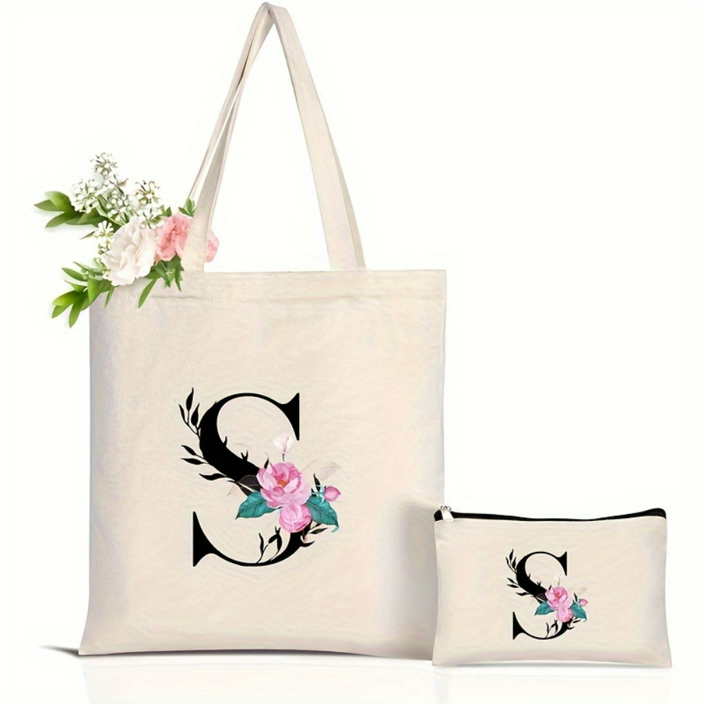 Tas Tote Alfabet Bunga Elegan  - Tote Bag Canvas Print ulasan dan harga