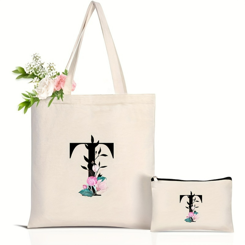 Tas Tote Alfabet Bunga Elegan  - Tote Bag Canvas Print ulasan dan harga