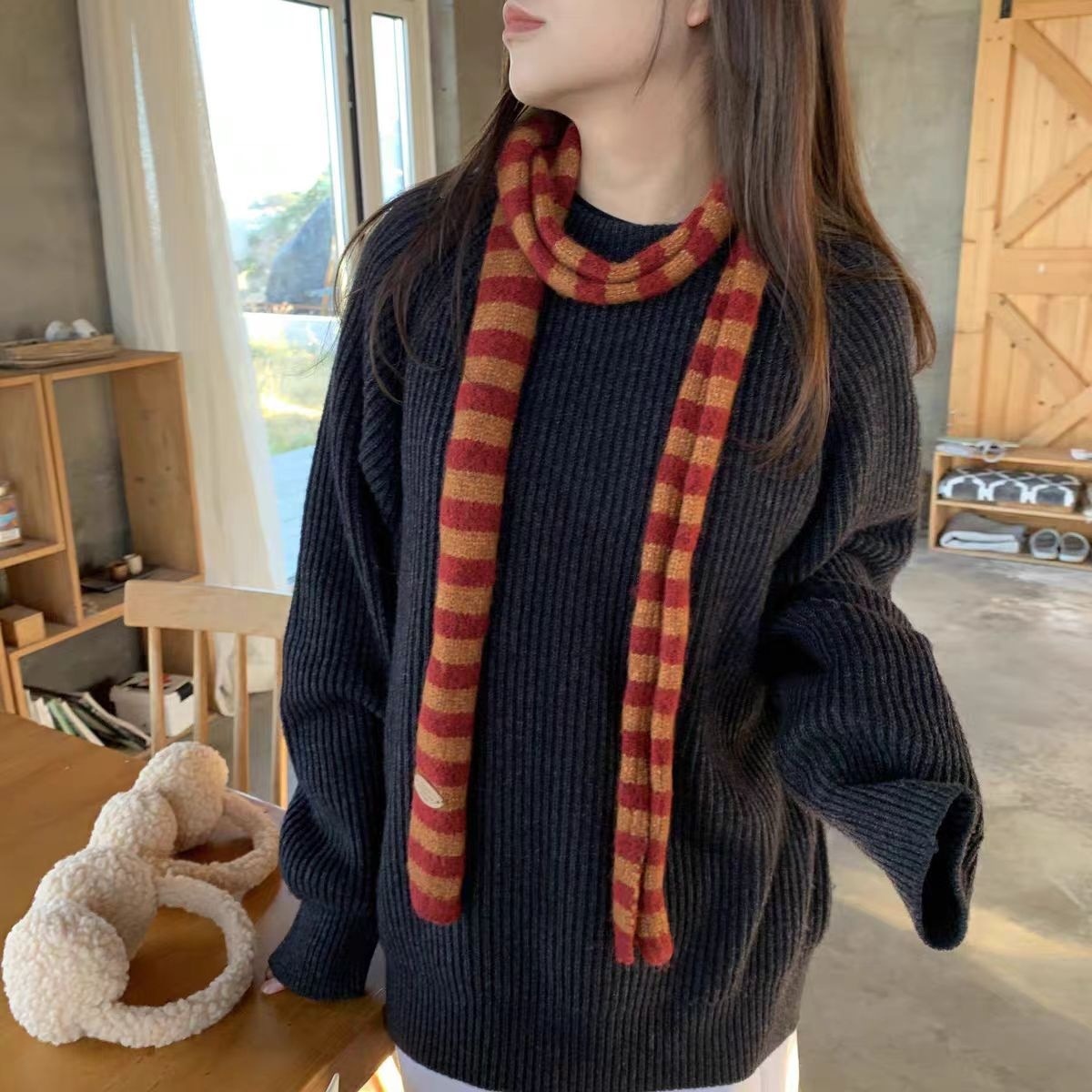 Syal Rajut Motif Garis Gaya Hi - Street Fashion Harajuku ulasan dan harga